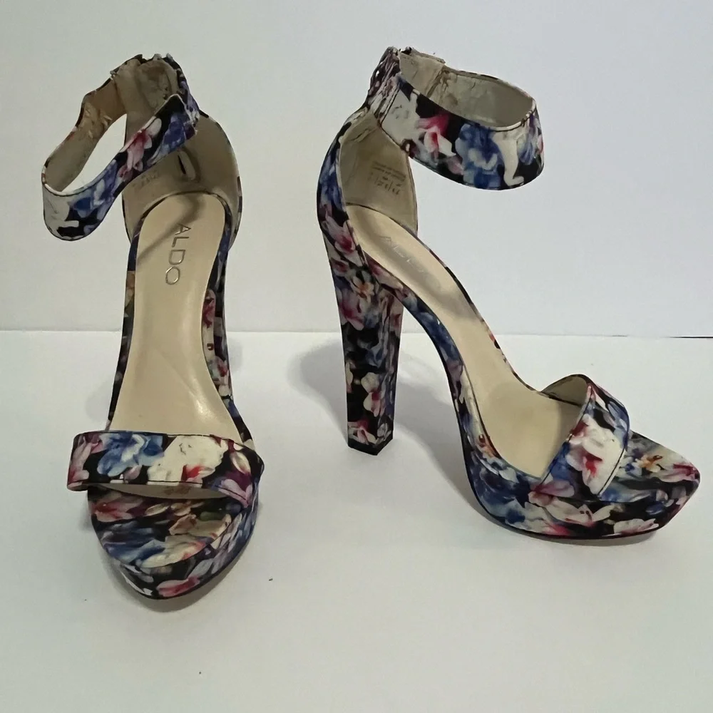 ALDO Floral Print Ankle-Strap Platform Heels - Blue, Pink, White - Picture 2 of 8